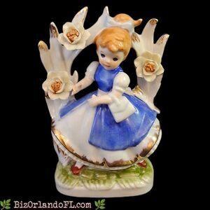 VINTAGE Handpainted Porcelain Figurine Girl Blue Dress Yellow Flowers Arch Korea